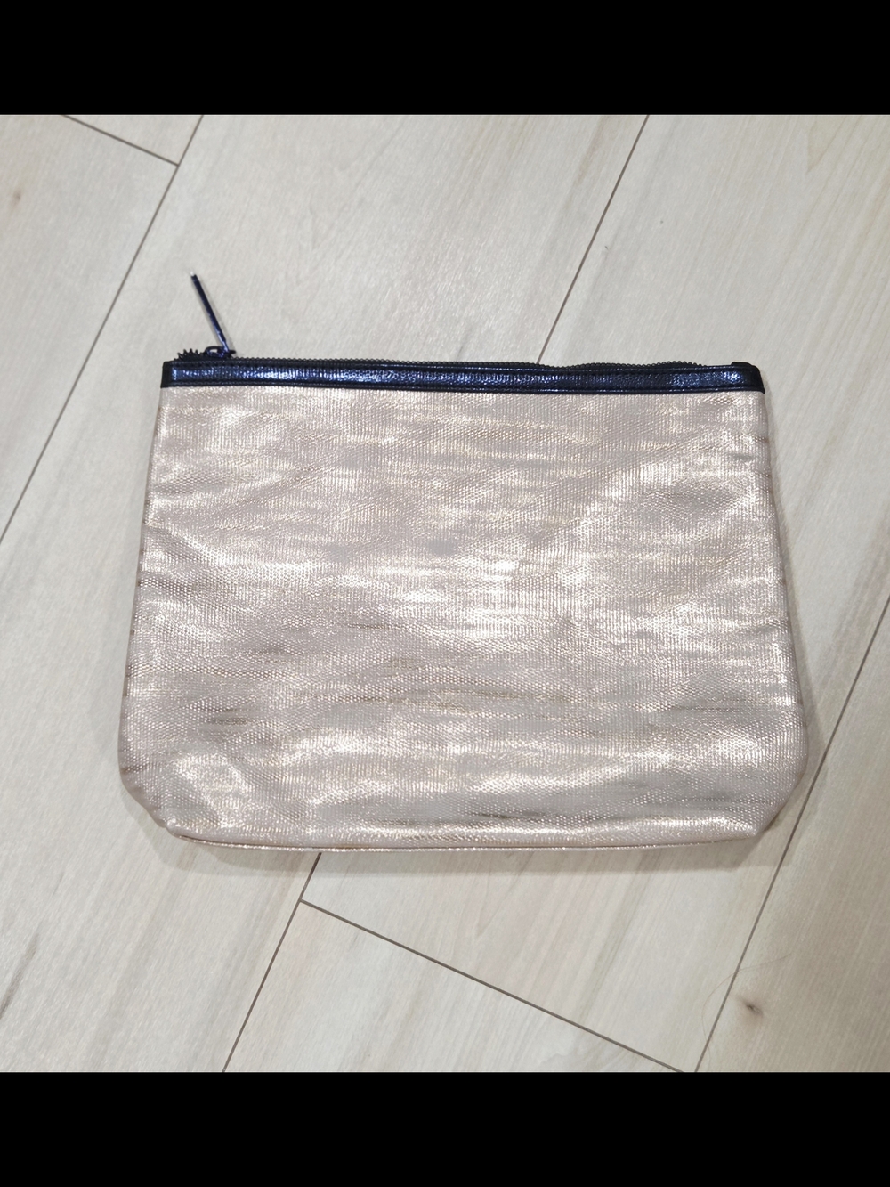 Metallic Rose Gold Zip Pouch with Navy Trim